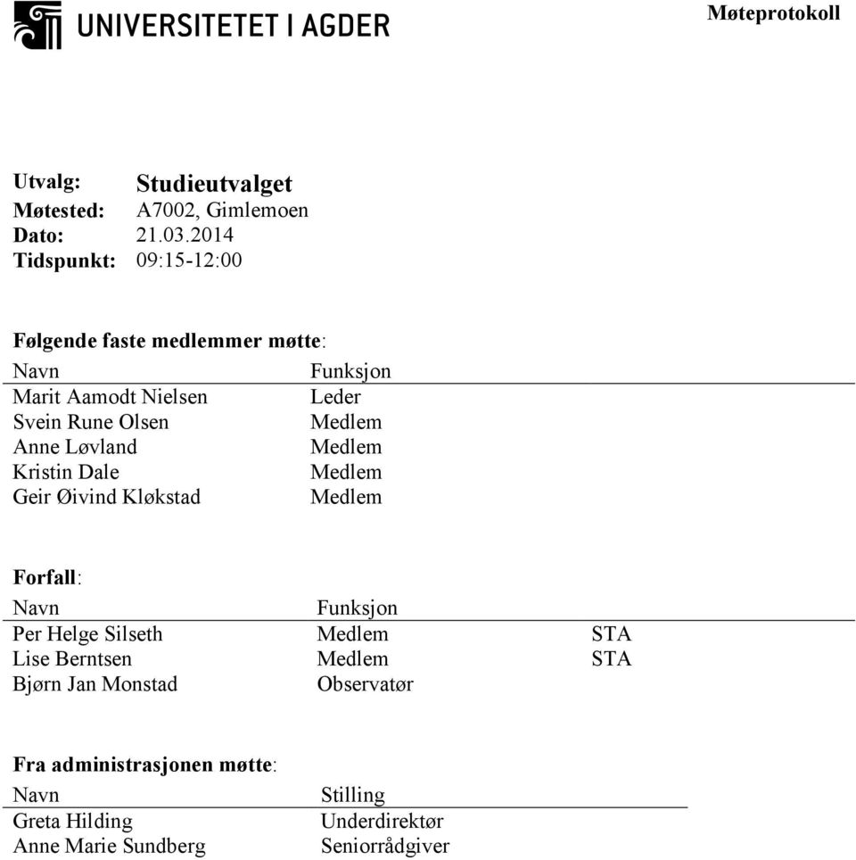 Medlem Anne Løvland Medlem Kristin Dale Medlem Geir Øivind Kløkstad Medlem Forfall: Navn Funksjon Per Helge Silseth