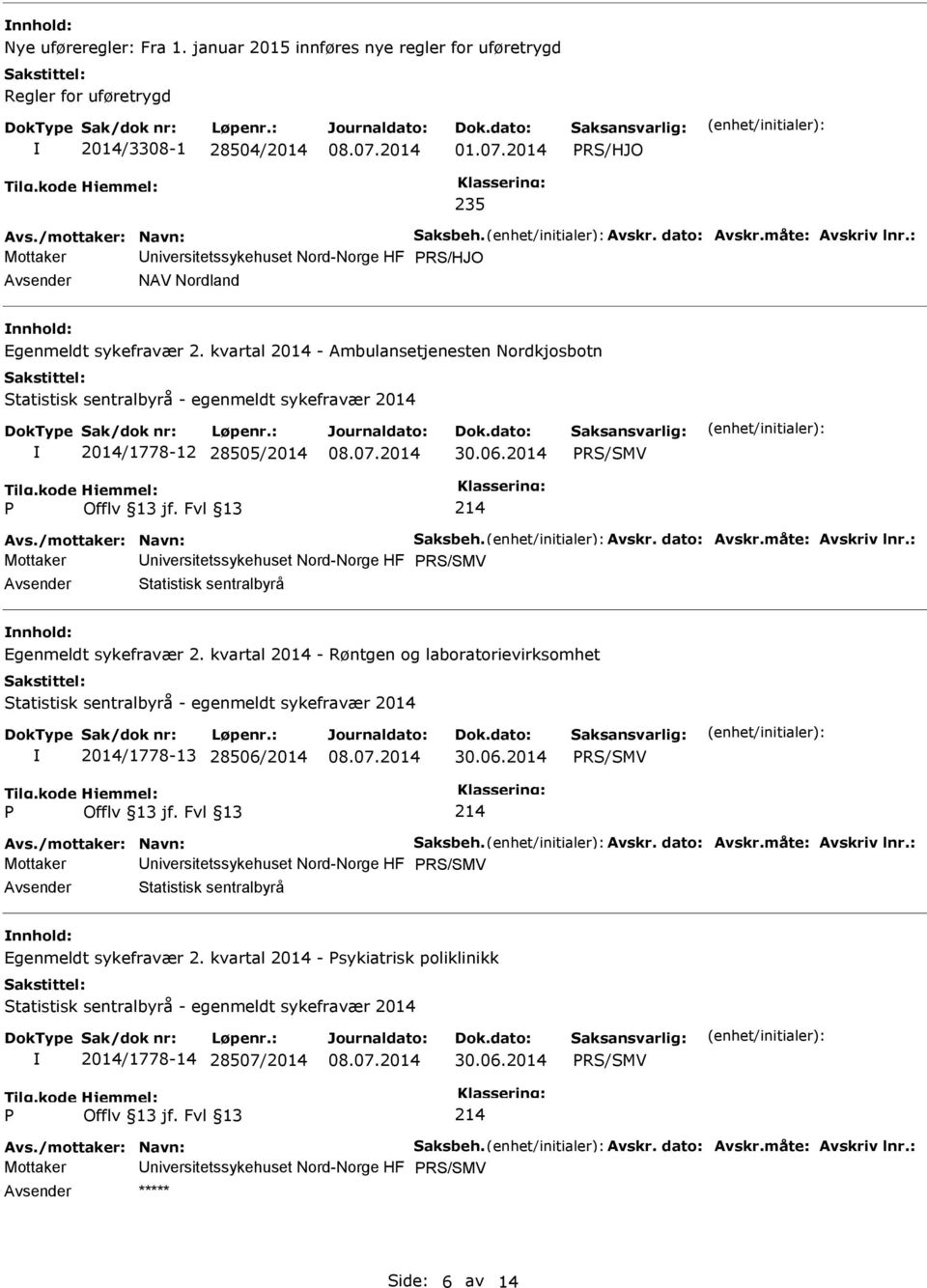 /mottaker: Navn: Saksbeh. Avskr. dato: Avskr.måte: Avskriv lnr.: Mottaker niversitetssykehuset Nord-Norge HF Statistisk sentralbyrå nnhold: Egenmeldt sykefravær 2.