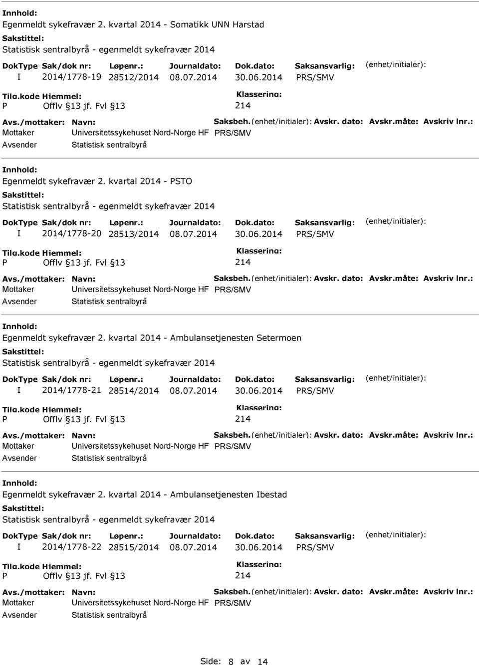 måte: Avskriv lnr.: Mottaker niversitetssykehuset Nord-Norge HF Statistisk sentralbyrå nnhold: Egenmeldt sykefravær 2. kvartal 2014 - Ambulansetjenesten Setermoen 2014/1778-21 28514/2014 Avs.