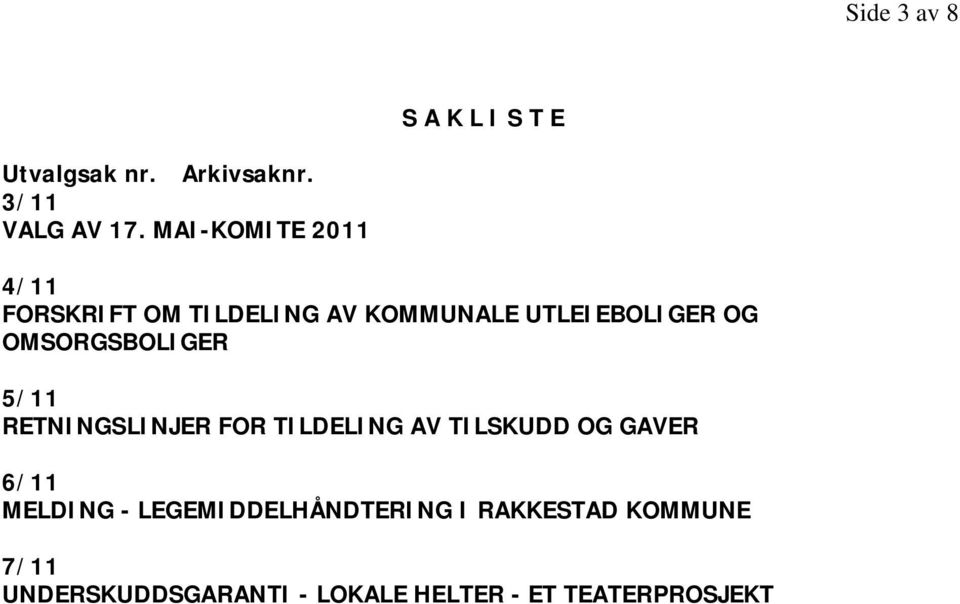 OMSORGSBOLIGER 5/11 RETNINGSLINJER FOR TILDELING AV TILSKUDD OG GAVER 6/11 MELDING