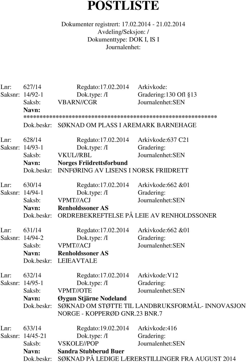 type: /I Gradering: Saksb: VPMT//ACJ SEN Renholdssoner AS Dok.beskr: ORDREBEKREFTELSE PÅ LEIE AV RENHOLDSSONER Lnr: 631/14 Regdato:17.02.2014 Arkivkode:662 &01 Saksnr: 14/94-2 Dok.