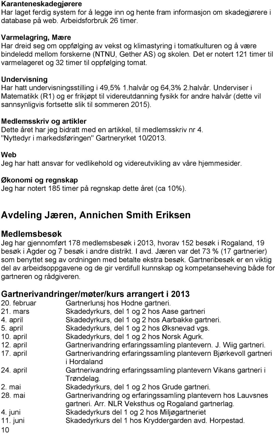 Det er notert 121 timer til varmelageret og 32 timer til oppfølging tomat. Undervisning Har hatt undervisningsstilling i 49,5% 1.halvår 