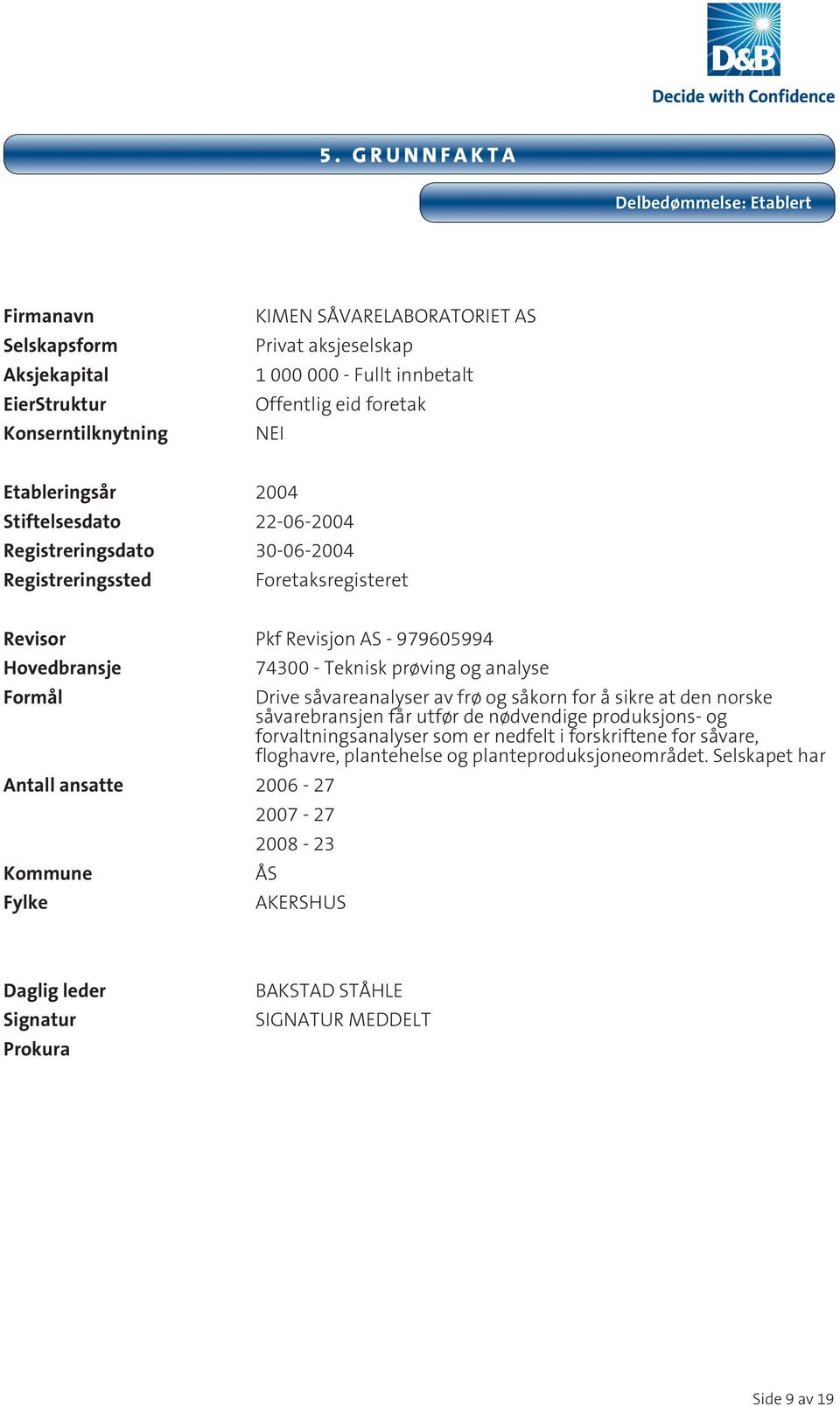 2006-27 Kommune Fylke 74300 - Teknisk prøving og analyse Drive såvareanalyser av frø og såkorn for å sikre at den norske såvarebransjen får utfør de nødvendige produksjons- og forvaltningsanalyser