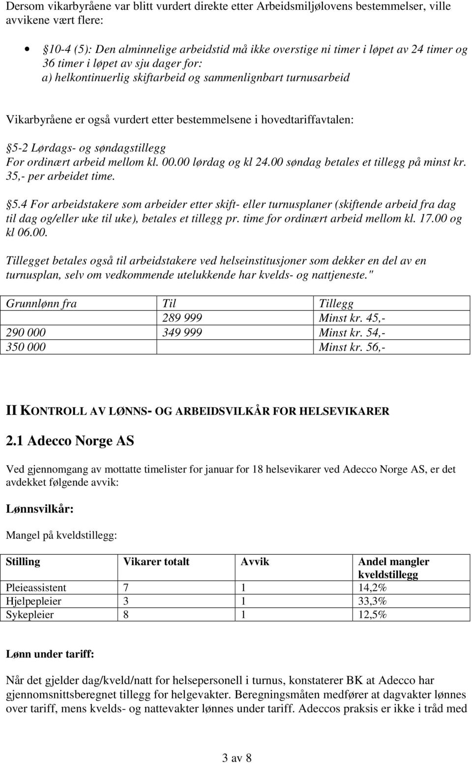 ordinært arbeid mellom kl. 00.00 lørdag og kl 24.00 søndag betales et tillegg på minst kr. 35,- per arbeidet time. 5.