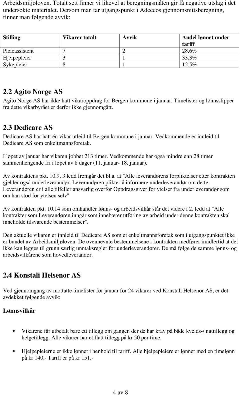 1 12,5% 2.2 Agito Norge AS Agito Norge AS har ikke hatt vikaroppdrag for Bergen kommune i januar. Timelister og lønnsslipper fra dette vikarbyrået er derfor ikke gjennomgått. 2.3 Dedicare AS Dedicare AS har hatt én vikar utleid til Bergen kommune i januar.