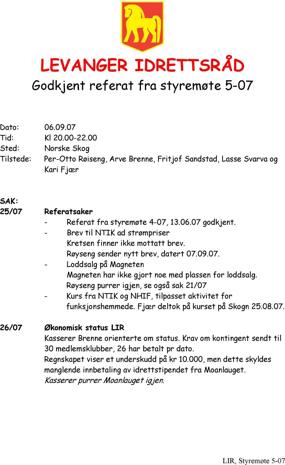 - Brev til NTIK ad strømpriser Kretsen finner ikke mottatt brev. Røyseng sender nytt brev, datert 07.09.07. - Loddsalg på Magneten Magneten har ikke gjort noe med plassen for loddsalg.