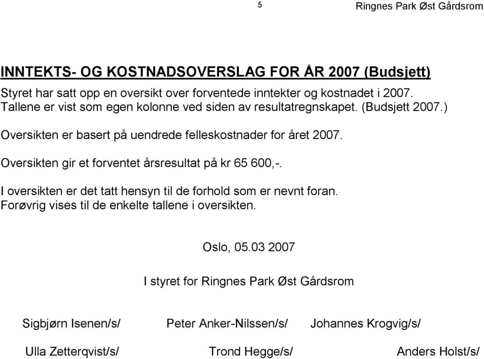 Oversikten gir et forventet årsresultat på kr 65 600,-. I oversikten er det tatt hensyn til de forhold som er nevnt foran.