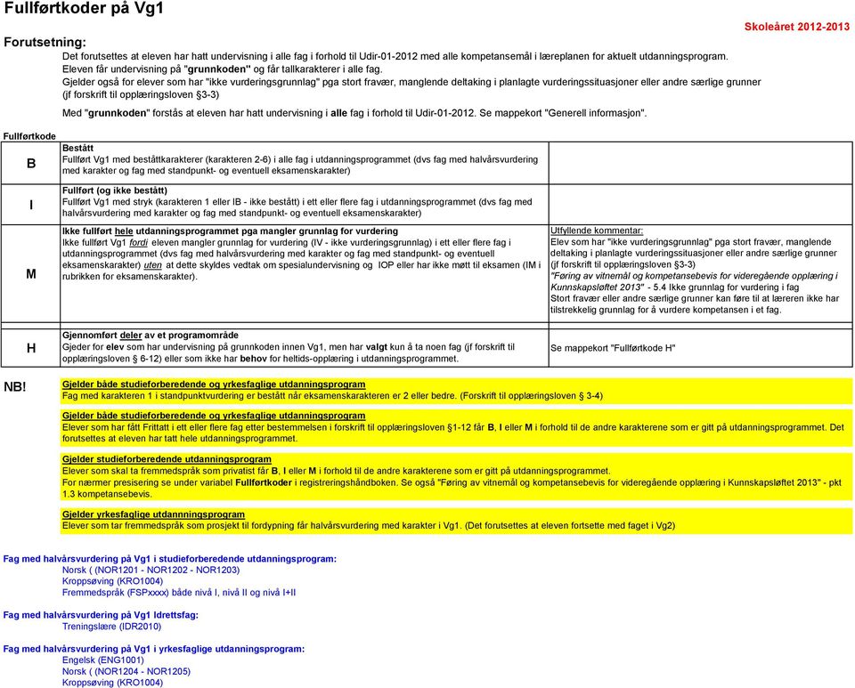 Gjelder også for elever som har "ikke vurderingsgrunnlag" pga stort fravær, manglende deltaking i planlagte vurderingssituasjoner eller andre særlige grunner ed "grunnkoden" forstås at eleven har