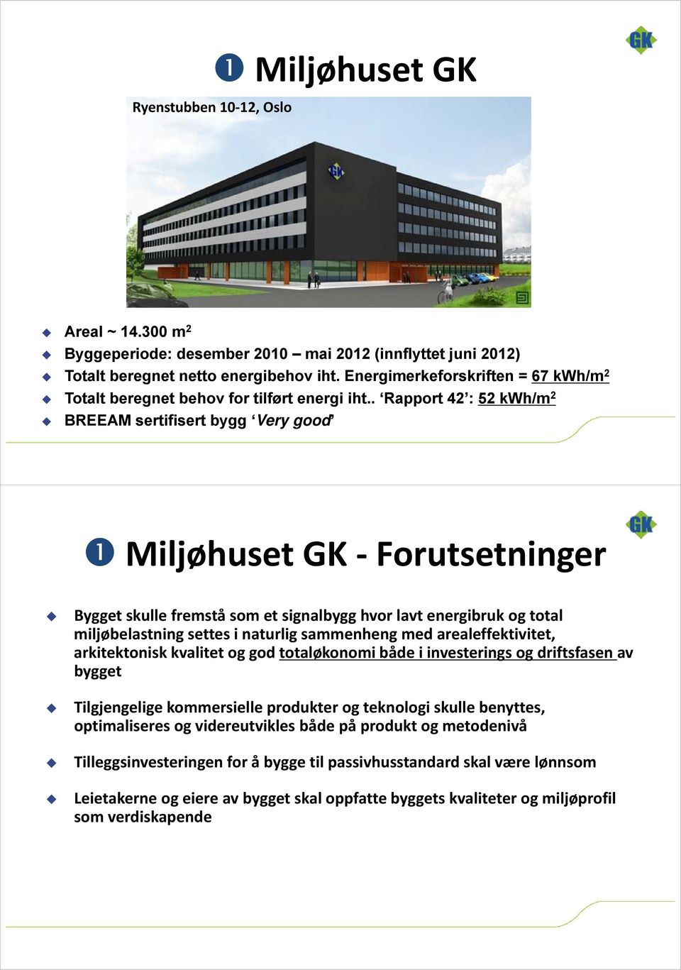 . Rapport 42 : 52 kwh/m 2 BREEAM sertifisert bygg Very good Miljøhuset GK Forutsetninger Bygget skulle fremstå som et signalbygg hvor lavt energibruk og total miljøbelastning settes i naturlig