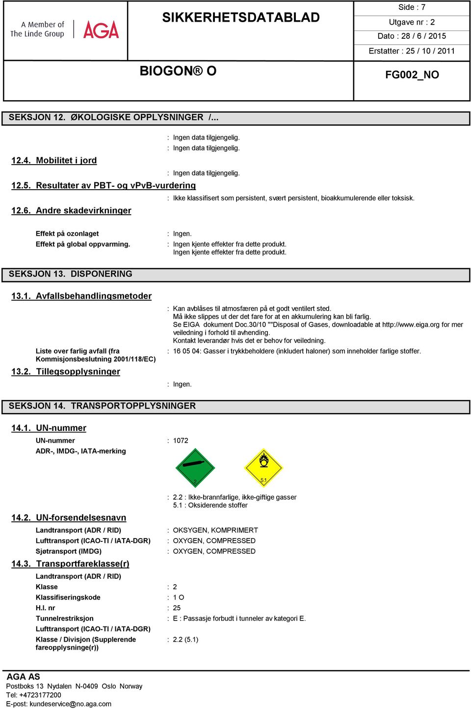 SEKSJON 13. DISPONERING 13.1. Avfallsbehandlingsmetoder Liste over farlig avfall (fra Kommisjonsbeslutning 2001/118/EC) 13.2. Tillegsopplysninger : Kan avblåses til atmosfæren på et godt ventilert sted.
