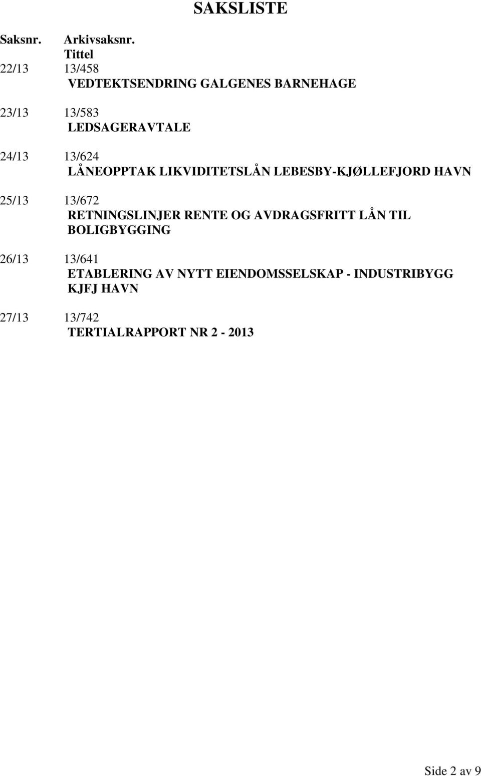 13/624 LÅNEOPPTAK LIKVIDITETSLÅN LEBESBY-KJØLLEFJORD HAVN 25/13 13/672 RETNINGSLINJER RENTE