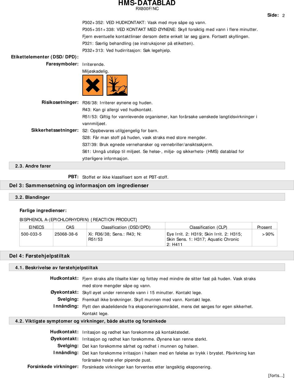 Miljøskadelig. Side: 2 Risikosetninger: Sikkerhetssetninger: 2.3. Andre farer R36/38: Irriterer øynene og huden. R43: Kan gi allergi ved hudkontakt.