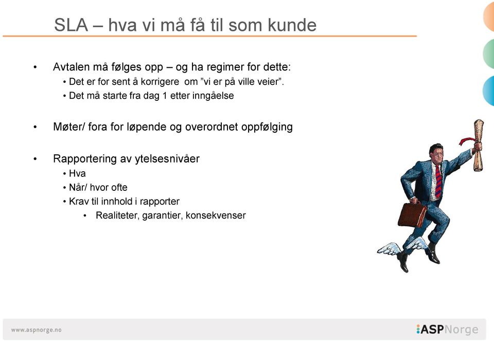 Det må starte fra dag 1 etter inngåelse Møter/ fora for løpende og overordnet