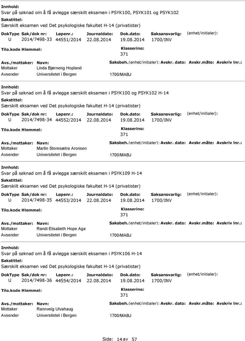: Mottaker Linda Bjørneng Hopland niversitetet i Bergen 1700/MABJ var på søknad om å få avlegge særskilt eksamen i YK100 og YK102 H-14 ærskilt eksamen ved Det psykologiske fakultet H-14 (privatister)