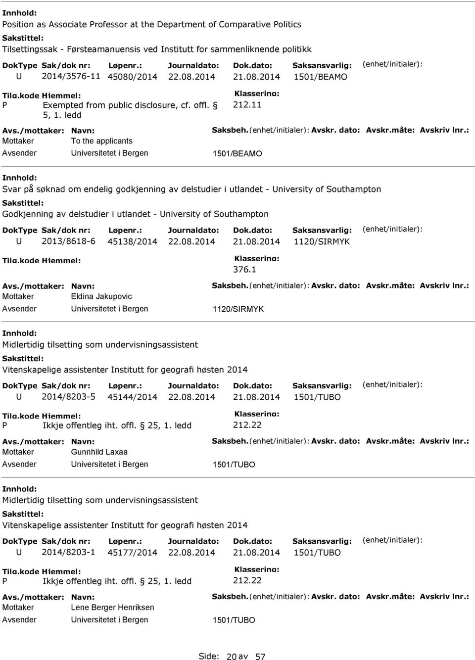 : Mottaker To the applicants niversitetet i Bergen 1501/BEAMO var på søknad om endelig godkjenning av delstudier i utlandet - niversity of outhampton Godkjenning av delstudier i utlandet - niversity