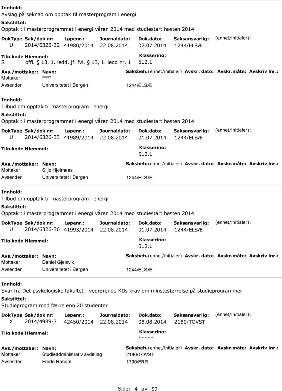 : Mottaker niversitetet i Bergen 1244/ELÆ Tilbud om opptak til masterprogram i energi Opptak til masterprogrammet i energi våren 2014 med studiestart høsten 2014 2014/6326-33 41989/2014 01.07.