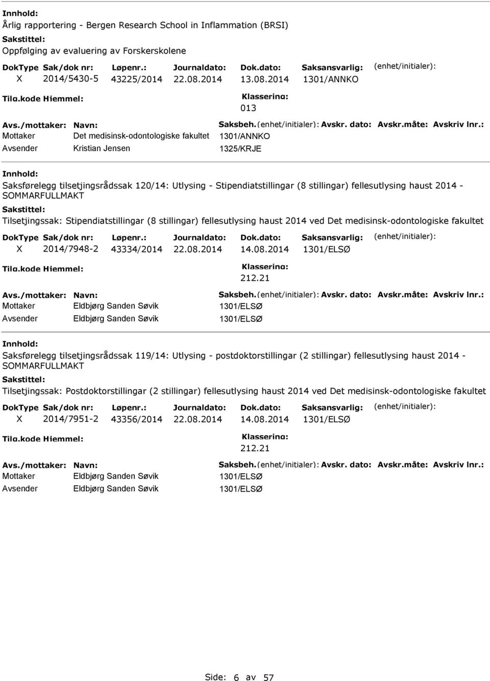 : Mottaker Det medisinsk-odontologiske fakultet 1301/ANNKO Kristian Jensen 1325/KRJE aksførelegg tilsetjingsrådssak 120/14: tlysing - tipendiatstillingar (8 stillingar) fellesutlysing haust 2014 -