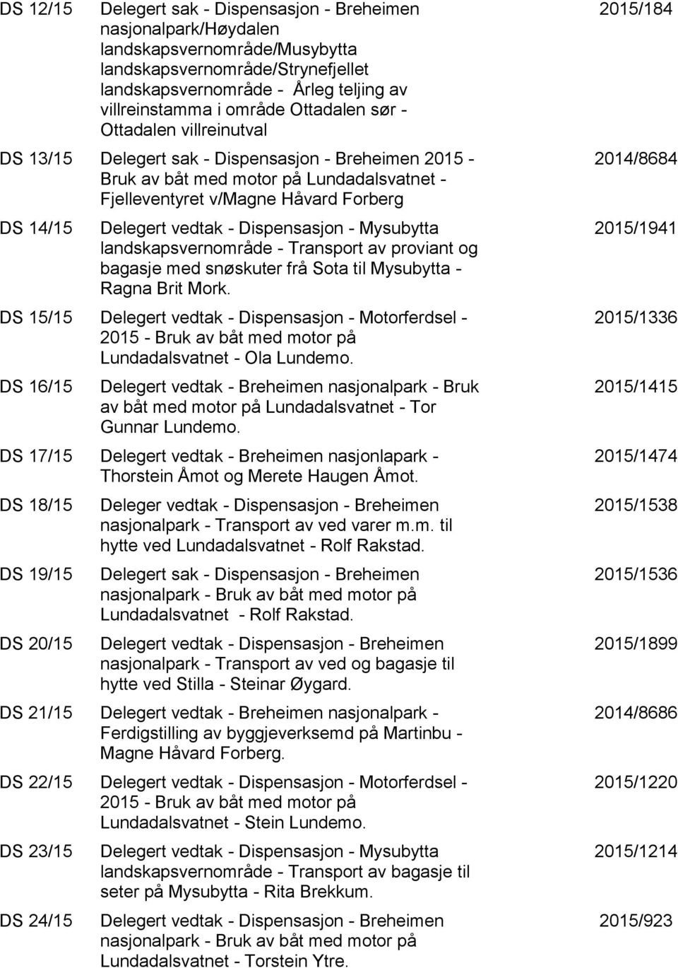 vedtak - Dispensasjon - Mysubytta landskapsvernområde - Transport av proviant og bagasje med snøskuter frå Sota til Mysubytta - Ragna Brit Mork.