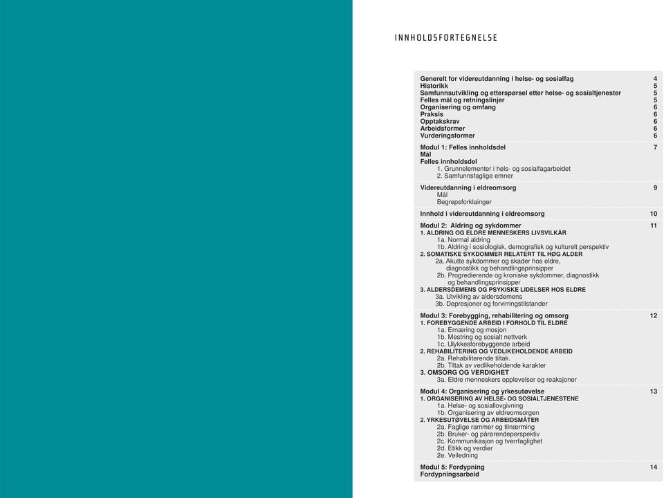 Samfunnsfaglige emner Videreutdanning i eldreomsorg 9 Mål Begrepsforklainger Innhold i videreutdanning i eldreomsorg 10 Modul 2: Aldring og sykdommer 11 1. ALDRING OG ELDRE MENNESKERS LIVSVILKÅR 1a.