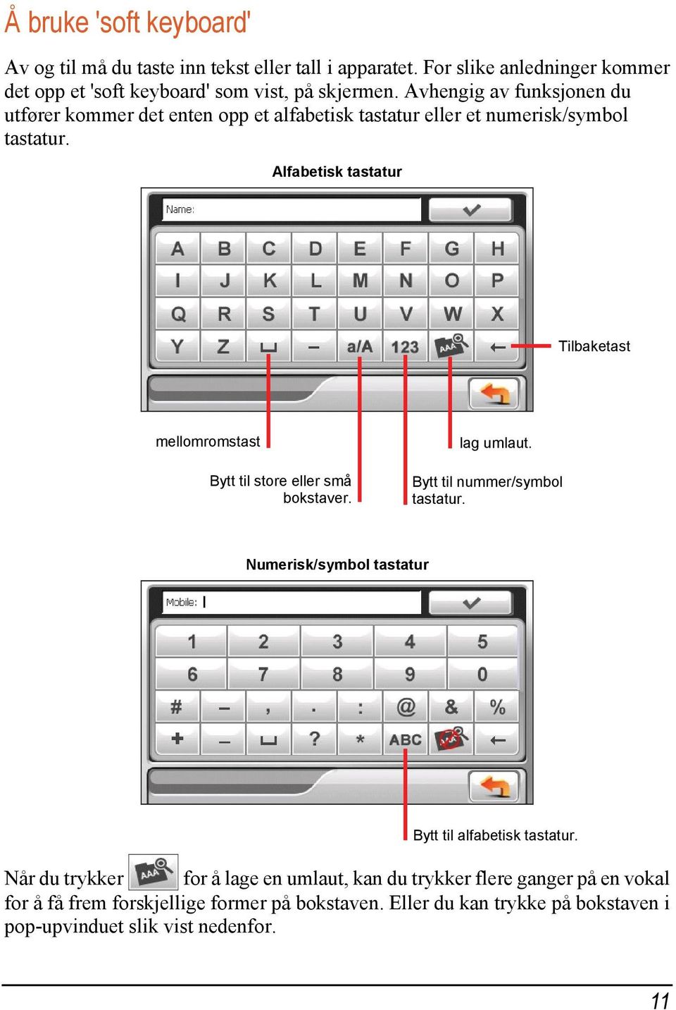 Alfabetisk tastatur Tilbaketast mellomromstast Bytt til store eller små bokstaver. lag umlaut. Bytt til nummer/symbol tastatur.