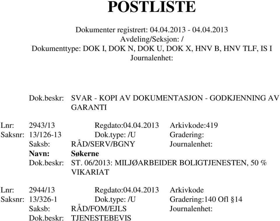 type: /U Gradering: Saksb: RÅD/SERV/BGNY Navn: Søkerne Dok.beskr: ST.