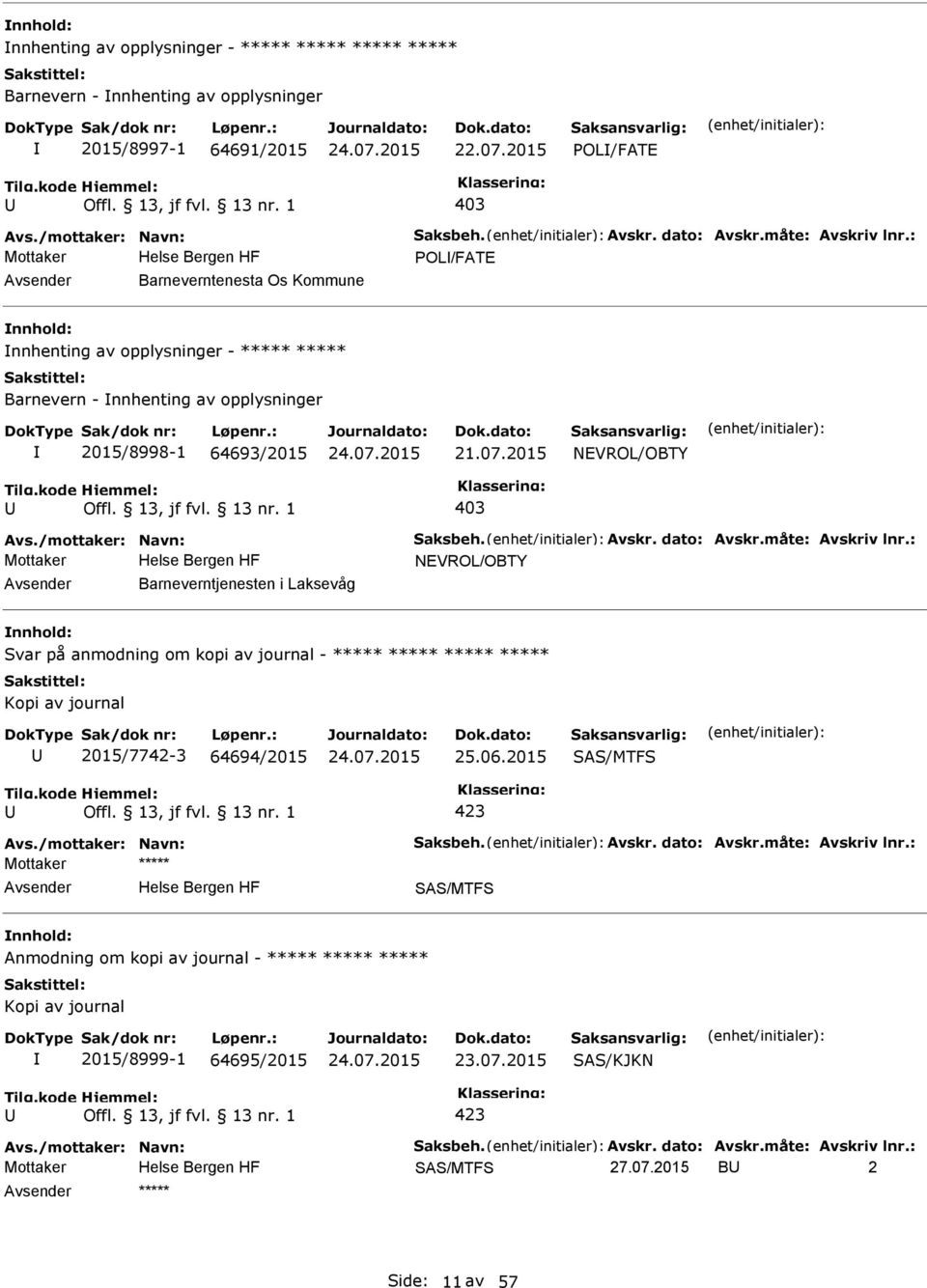 07.2015 NEVROL/OBTY 403 NEVROL/OBTY Barneverntjenesten i Laksevåg Svar på anmodning om kopi av journal - ***** ***** ***** ***** Kopi av journal 2015/7742-3