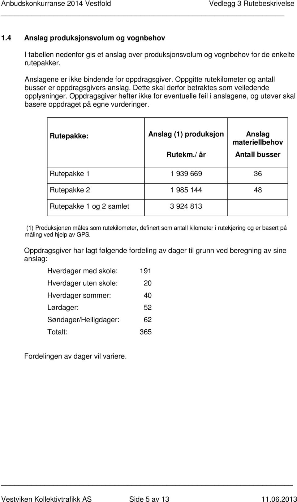 Oppdragsgiver hefter ikke for eventuelle feil i anslagene, og utøver skal basere oppdraget på egne vurderinger. Rutepakke: Anslag (1) produksjon Rutekm.