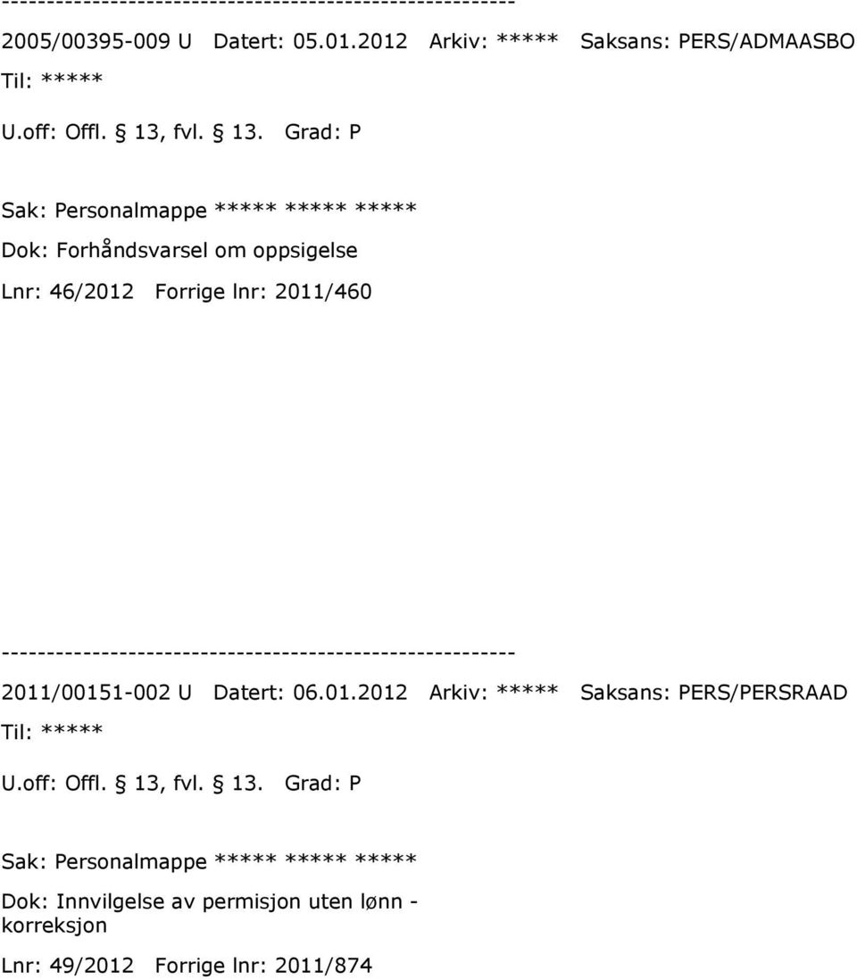 Grad: P Sak: Personalmappe ***** ***** ***** Dok: Forhåndsvarsel om oppsigelse Lnr: 46/2012 Forrige lnr: 2011/460