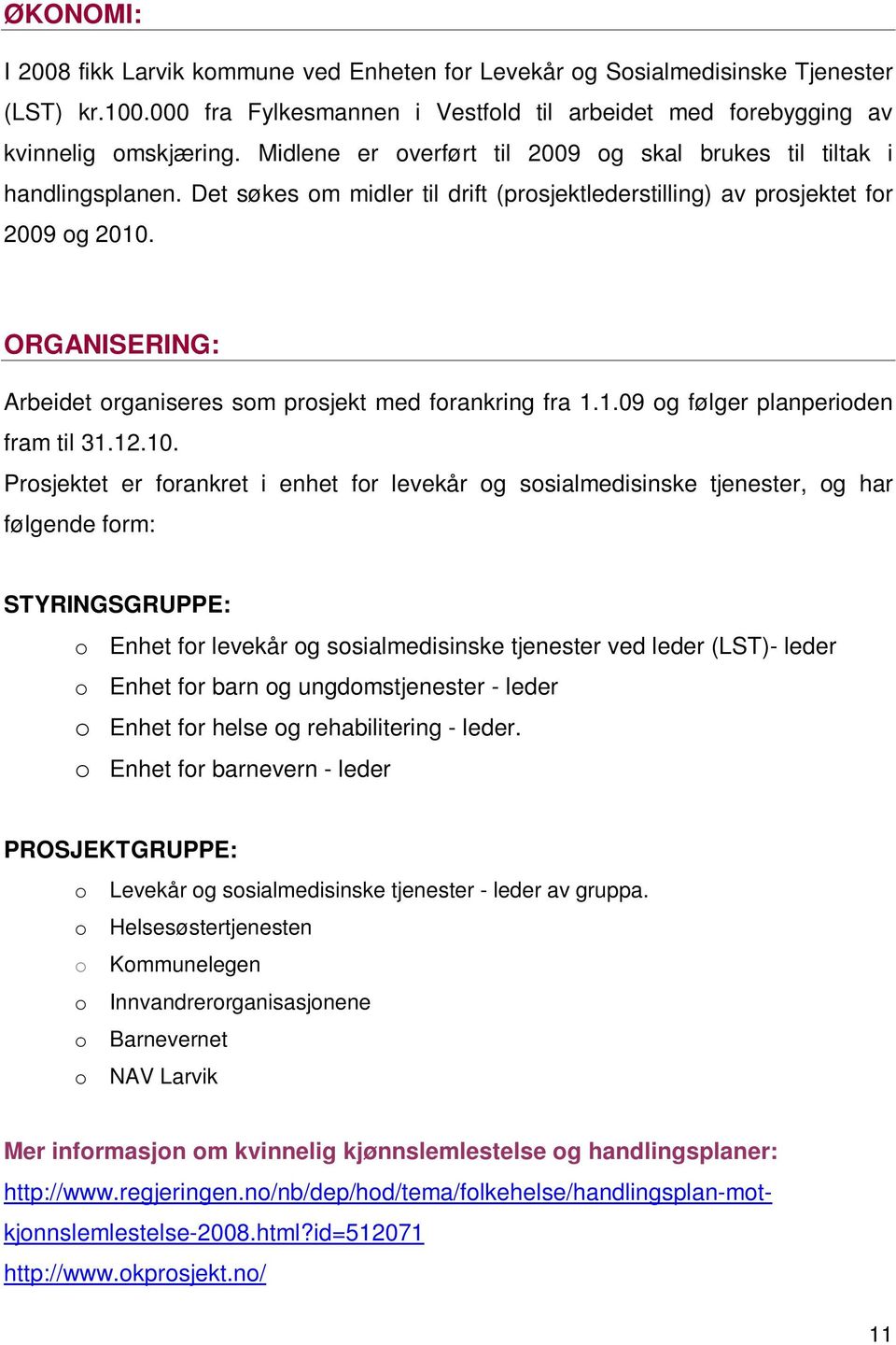 ORGANISERING: Arbeidet organiseres som prosjekt med forankring fra 1.1.09 og følger planperioden fram til 31.12.10.