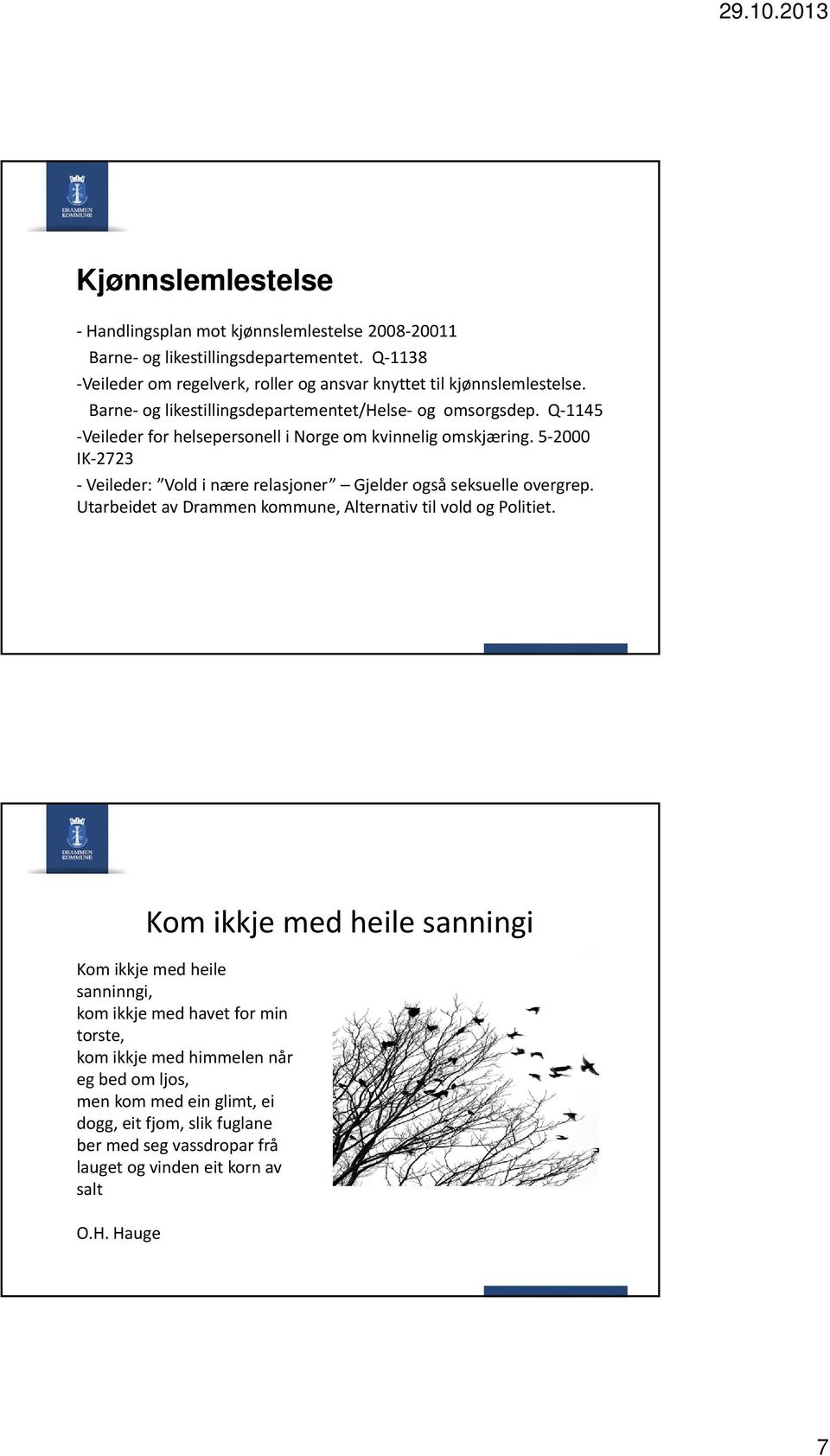 5 2000 IK 2723 Veileder: Vold i nære relasjoner Gjelder også seksuelle overgrep. Utarbeidet av Drammen kommune, Alternativ til vold og Politiet.