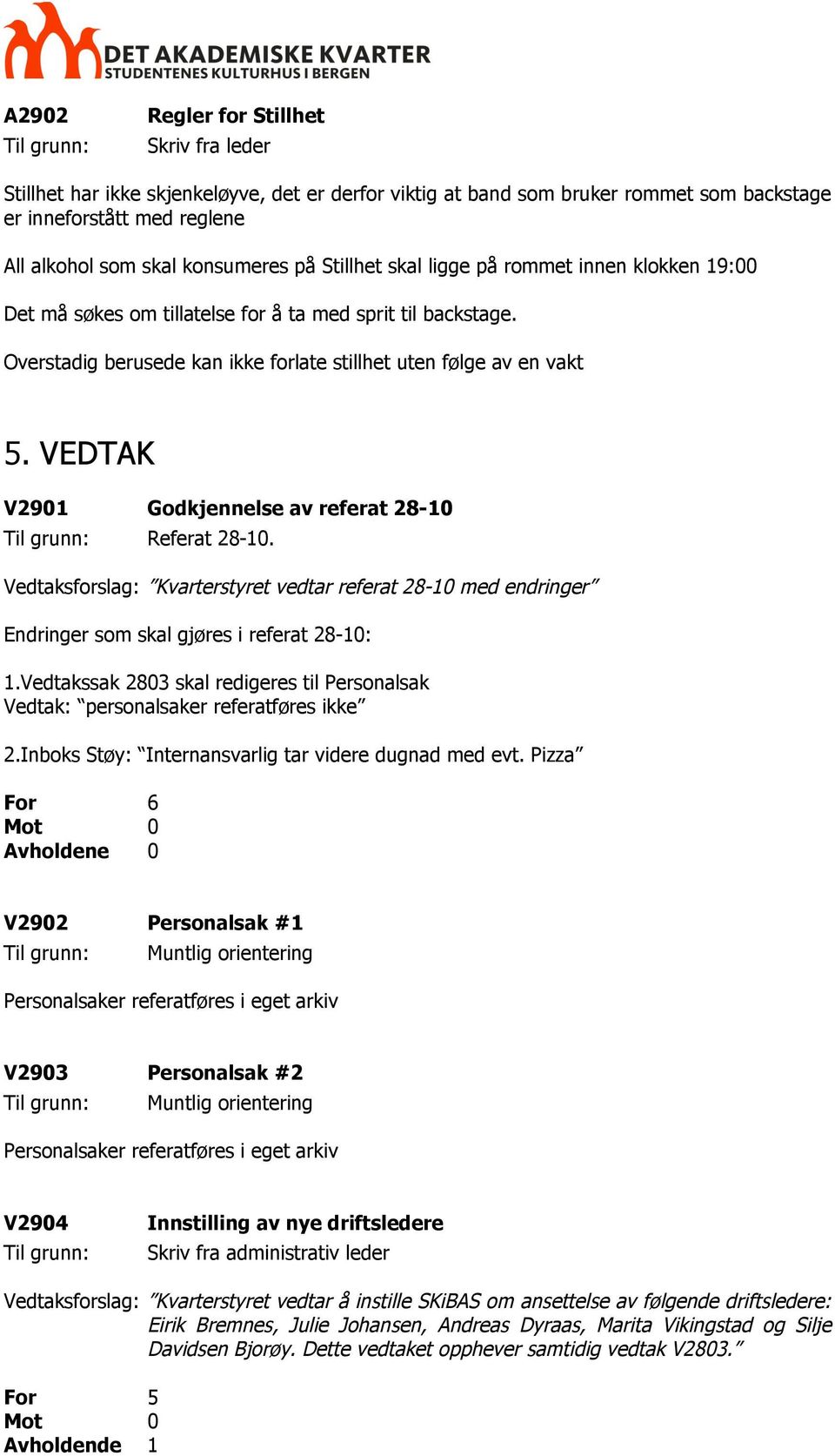 VEDTAK V2901 Godkjennelse av referat 28-10 Referat 28-10. Vedtaksforslag: Kvarterstyret vedtar referat 28-10 med endringer Endringer som skal gjøres i referat 28-10: 1.