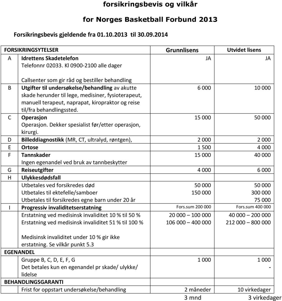 Kl 0900-2100 alle dager JA JA Callsenter som gir råd og bestiller behandling B Utgifter til undersøkelse/behandling av akutte 6 000 10 000 skade herunder til lege, medisiner, fysioterapeut, manuell