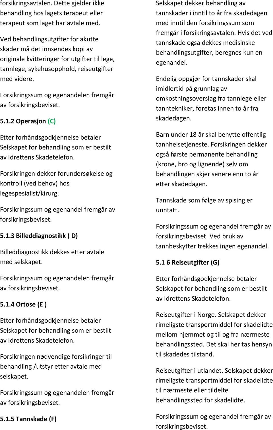 Forsikringssum og egenandelen fremgår av forsikringsbeviset. 5.1.2 Operasjon (C) Etter forhåndsgodkjennelse betaler Selskapet for behandling som er bestilt av Idrettens Skadetelefon.