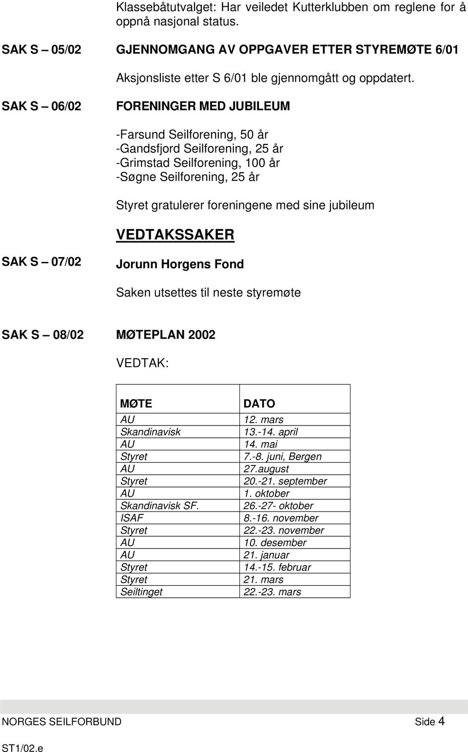 SAK S 06/02 FORENINGER MED JUBILEUM -Farsund Seilforening, 50 år -Gandsfjord Seilforening, 25 år -Grimstad Seilforening, 100 år -Søgne Seilforening, 25 år gratulerer foreningene med sine jubileum