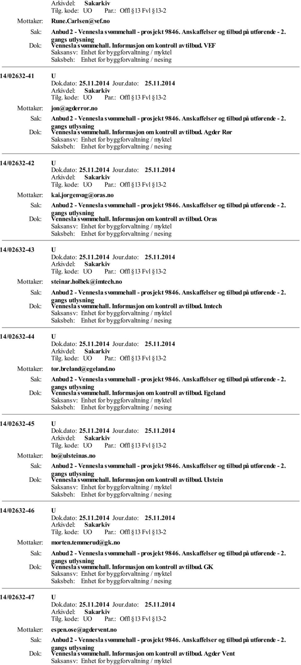 Agder Rør 14/02632-42 U Tilg. kode: UO Offl 13 Fvl 13-2 kai.jorgenvag@oras.no Anbud 2 - Vennesla svømmehall - prosjekt 9846. Anskaffelser og tilbud på utførende - 2. Vennesla svømmehall. Informasjon om kontroll av tilbud.