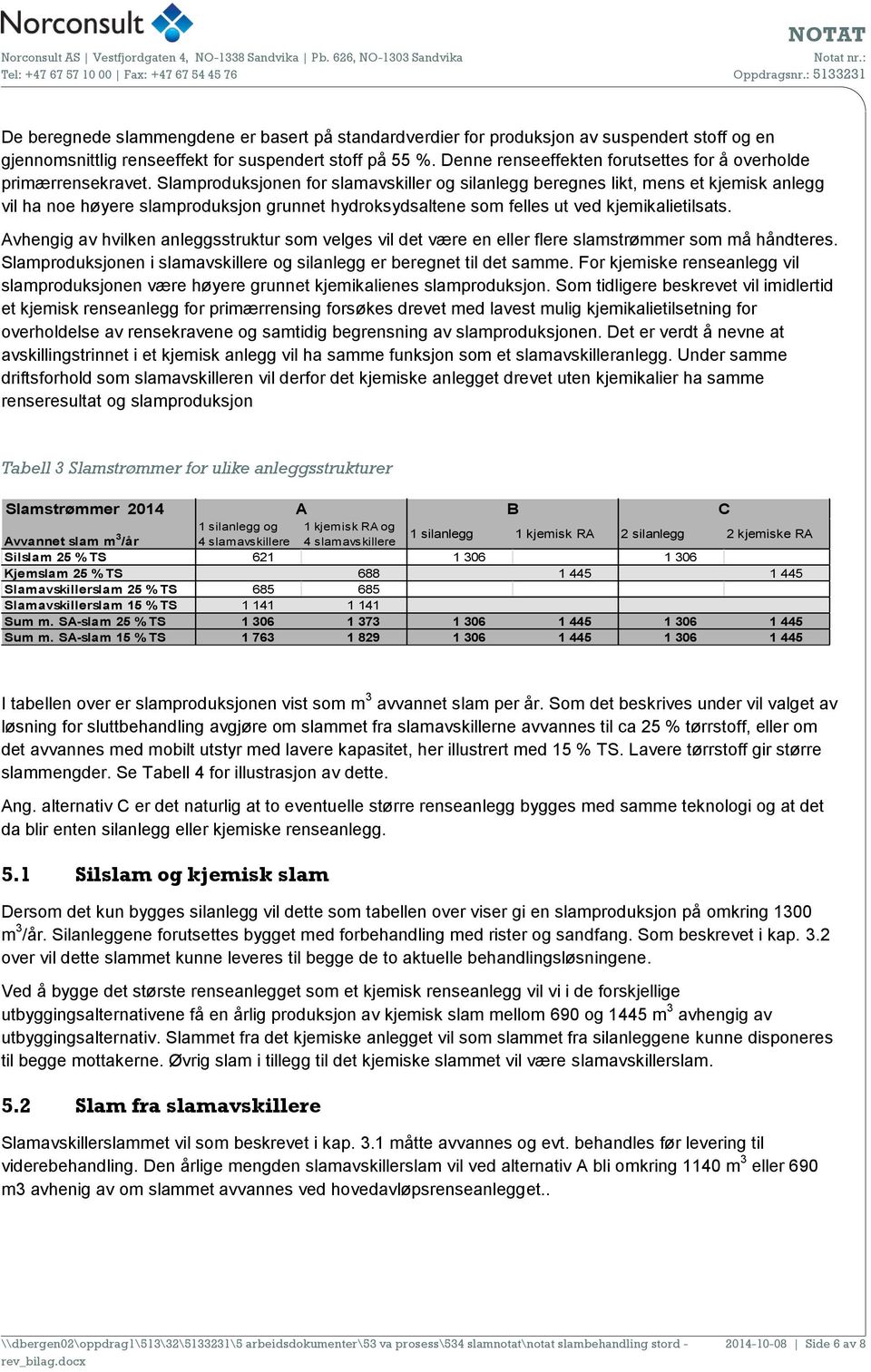 Slamproduksjonen for slamavskiller og silanlegg beregnes likt, mens et kjemisk anlegg vil ha noe høyere slamproduksjon grunnet hydroksydsaltene som felles ut ved kjemikalietilsats.