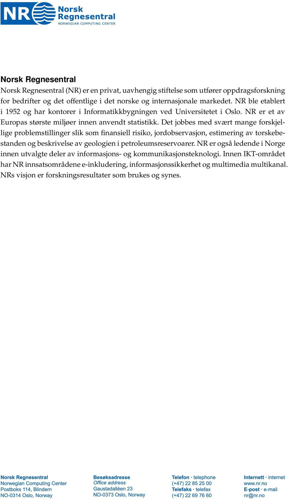 Det jobbes med svært mange forskjellige problemstillinger slik som finansiell risiko, jordobservasjon, estimering av torskebestanden og beskrivelse av geologien i petroleumsreservoarer.