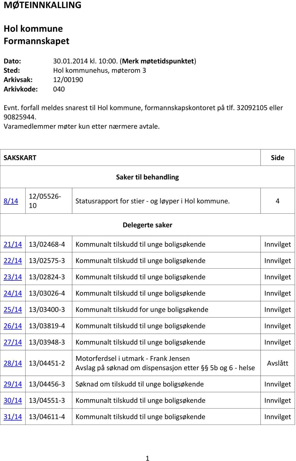 SAKSKART Side 8/14 12/05526-10 Saker til behandling Statusrapport for stier - og løyper i Hol kommune.