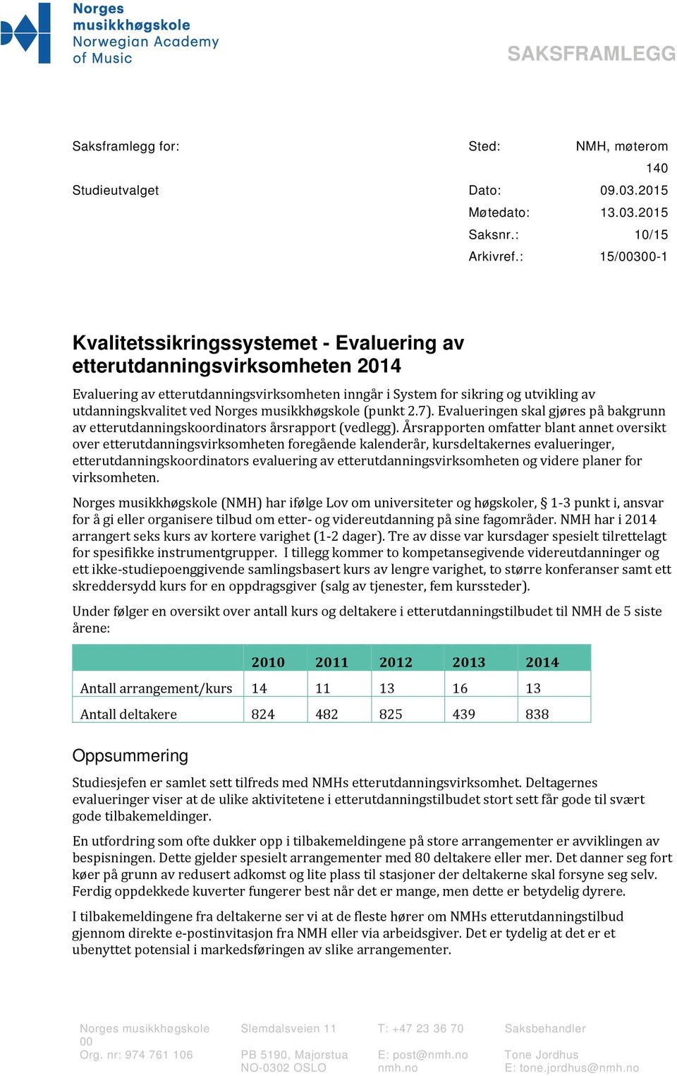 Norges musikkhøgskole (punkt 2.7). Evalueringen skal gjøres på bakgrunn av etterutdanningskoordinators årsrapport (vedlegg).