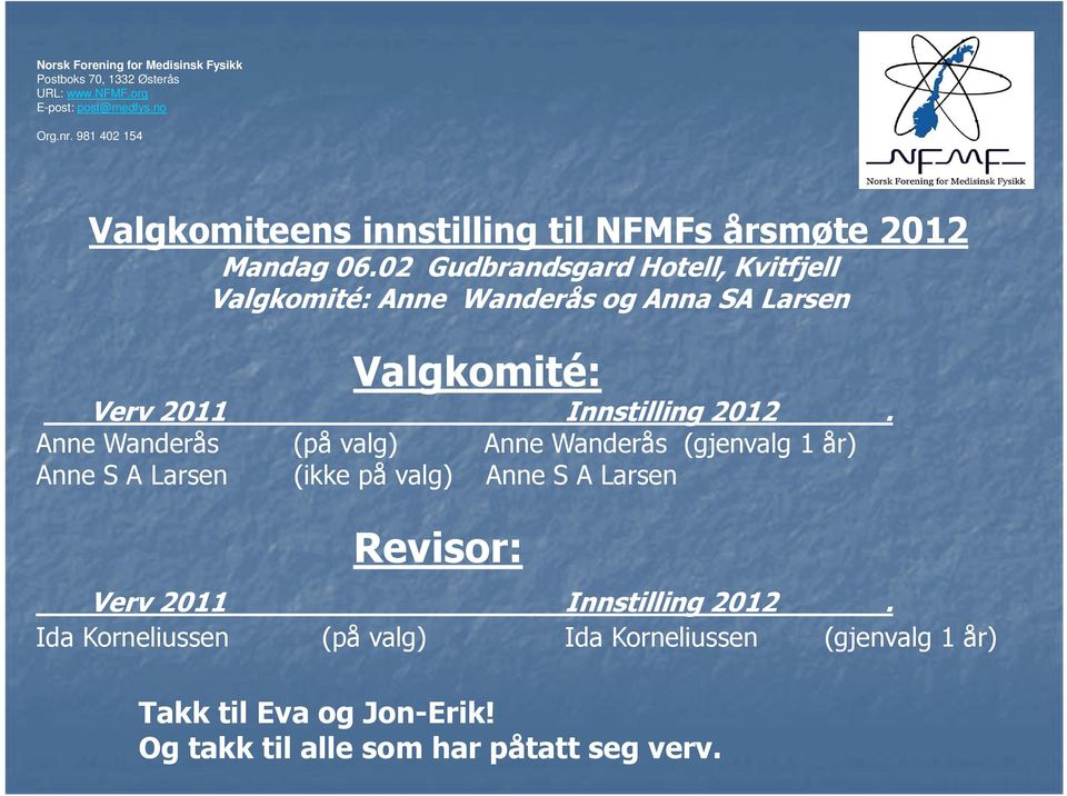 A Larsen Valgkomité: Innstilling 2012 (på valg) (ikke på valg).