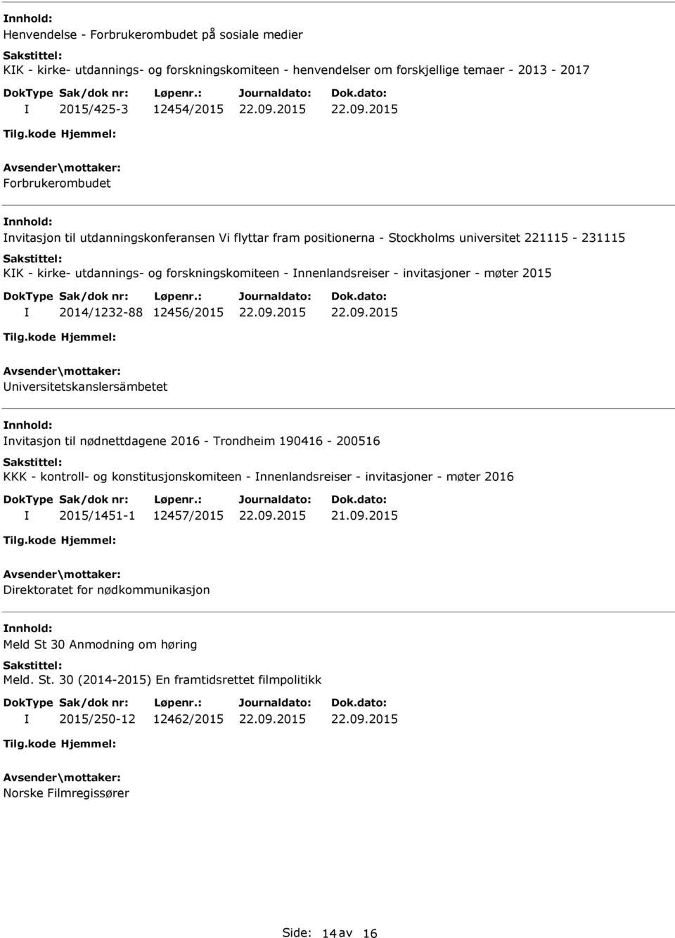 2014/1232-88 12456/2015 Universitetskanslersämbetet nnhold: nvitasjon til nødnettdagene 2016 - Trondheim 190416-200516 KKK - kontroll- og konstitusjonskomiteen - nnenlandsreiser - invitasjoner -