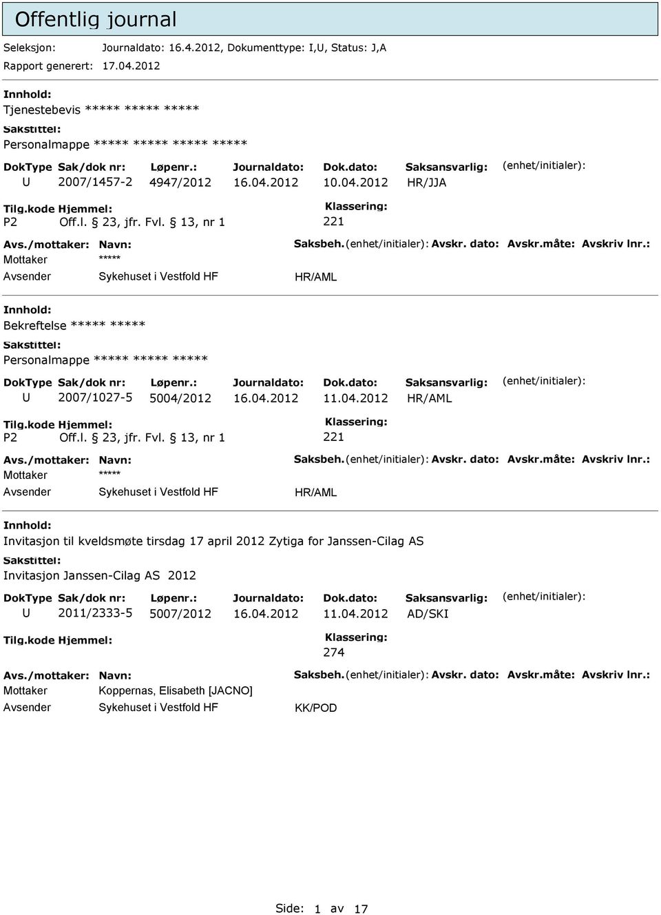 : Mottaker Bekreftelse Personalmappe 2007/1027-5 5004/2012 Off.l. 23, jfr.