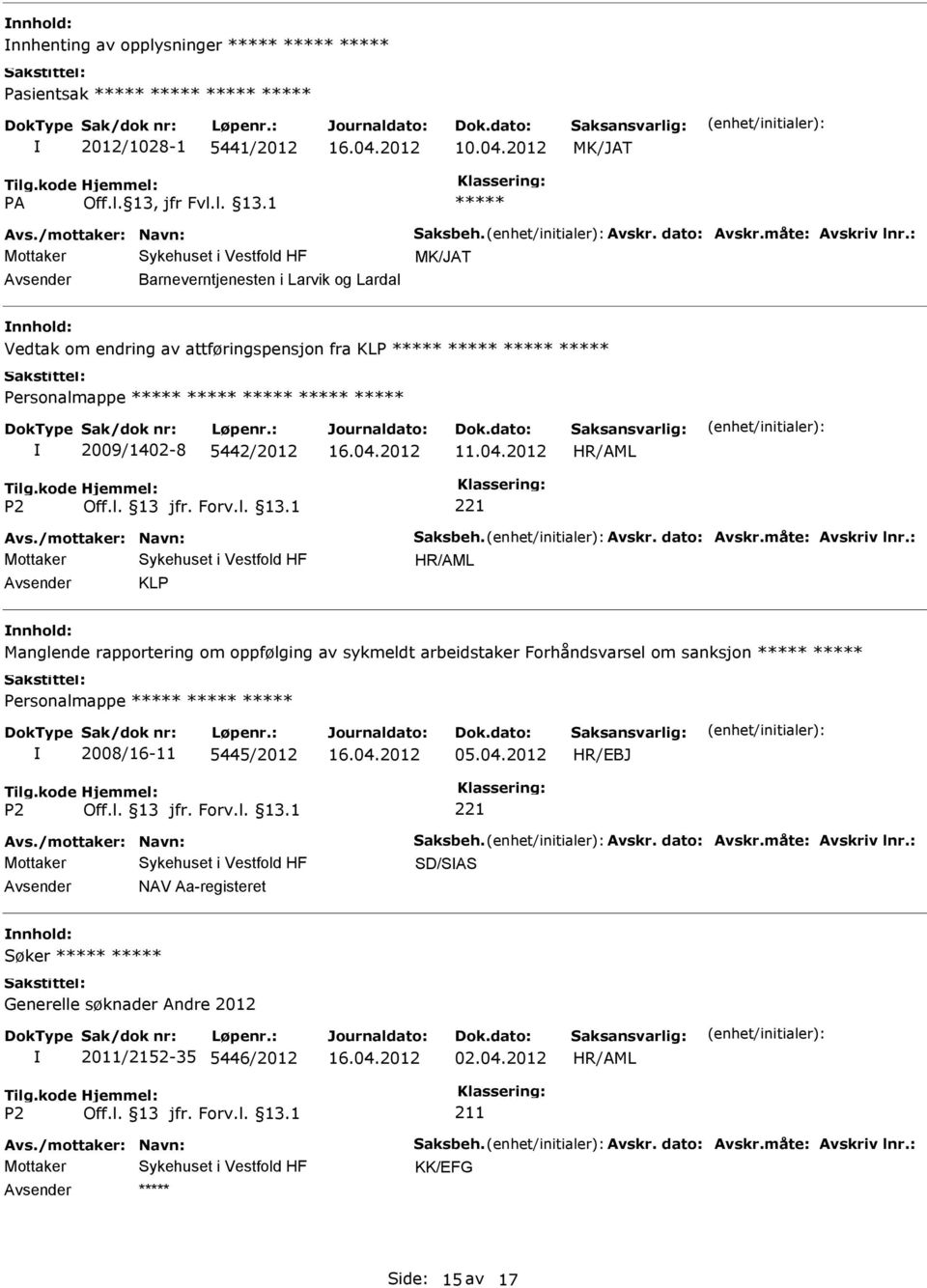 måte: Avskriv lnr.: KLP Manglende rapportering om oppfølging av sykmeldt arbeidstaker Forhåndsvarsel om sanksjon Personalmappe 2008/16-11 5445/2012 05.04.2012 HR/EBJ Avs.