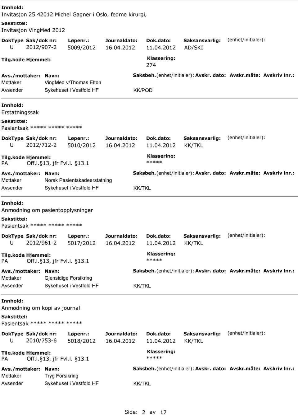 : Mottaker Norsk Pasientskadeerstatning Anmodning om pasientopplysninger Pasientsak 2012/961-2 5017/2012 Avs./mottaker: Navn: Saksbeh. Avskr. dato: Avskr.måte: Avskriv lnr.