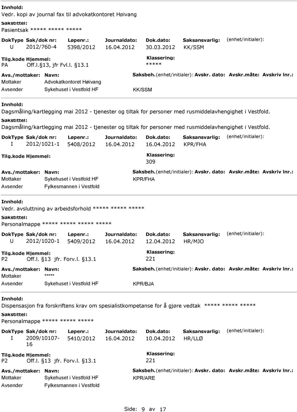 Dagsmåling/kartlegging mai 2012 - tjenester og tiltak for personer med rusmiddelavhengighet i Vestfold. 2012/1021-1 5408/2012 KPR/FHA 309 Avs./mottaker: Navn: Saksbeh. Avskr. dato: Avskr.