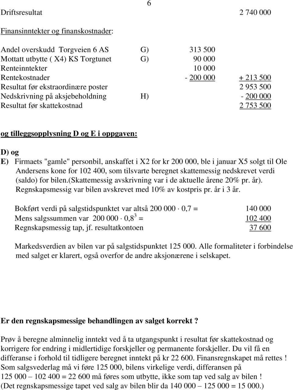 "gamle" personbil, anskaffet i X2 for kr 200 000, ble i januar X5 solgt til Ole Andersens kone for 102 400, som tilsvarte beregnet skattemessig nedskrevet verdi (saldo) for bilen.