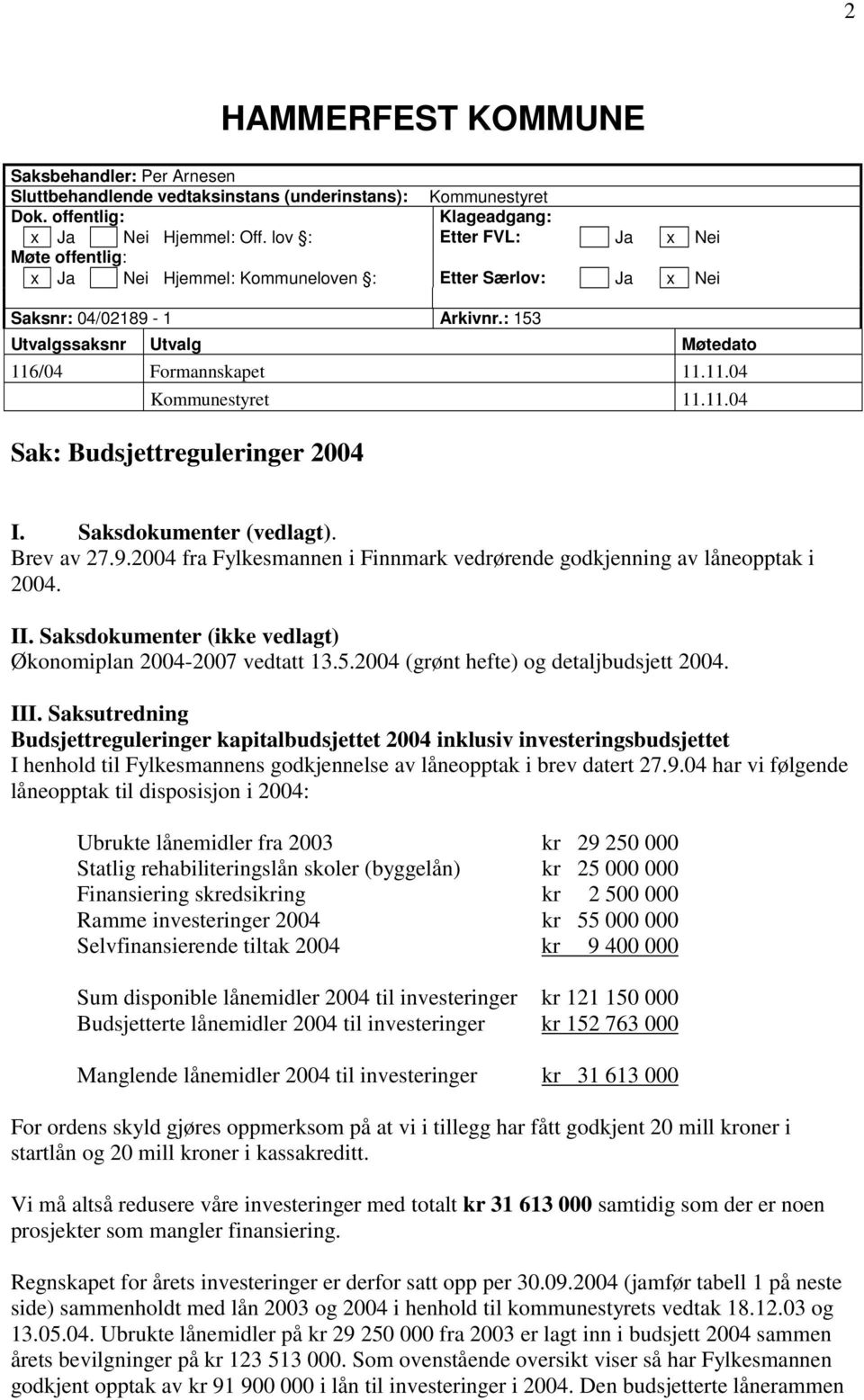11.04 Sak: Budsjettreguleringer 2004 I. Saksdokumenter (vedlagt). Brev av 27.9.2004 fra Fylkesmannen i Finnmark vedrørende godkjenning av låneopptak i 2004. II.