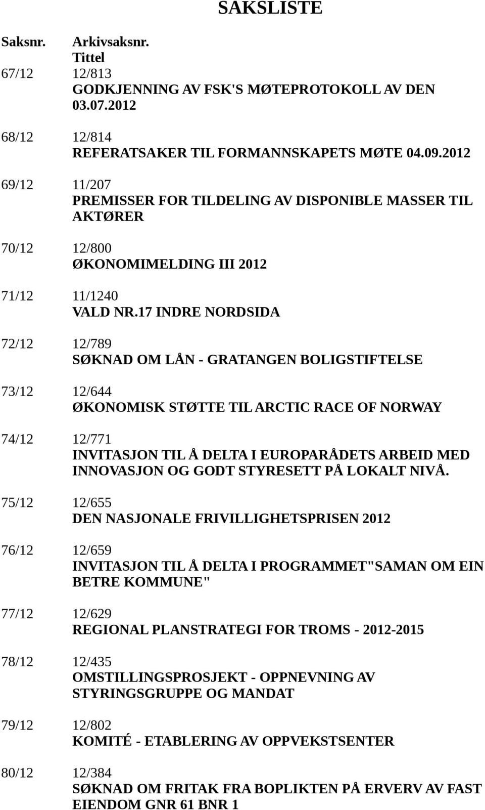 17 INDRE NORDSIDA 72/12 12/789 SØKNAD OM LÅN - GRATANGEN BOLIGSTIFTELSE 73/12 12/644 ØKONOMISK STØTTE TIL ARCTIC RACE OF NORWAY 74/12 12/771 INVITASJON TIL Å DELTA I EUROPARÅDETS ARBEID MED