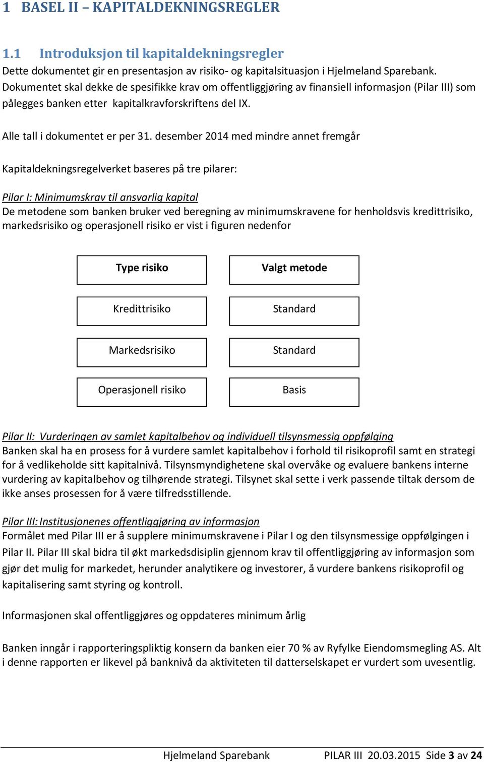 desember 2014 med mindre annet fremgår Kapitaldekningsregelverket baseres på tre pilarer: Pilar I: Minimumskrav til ansvarlig kapital De metodene som banken bruker ved beregning av minimumskravene