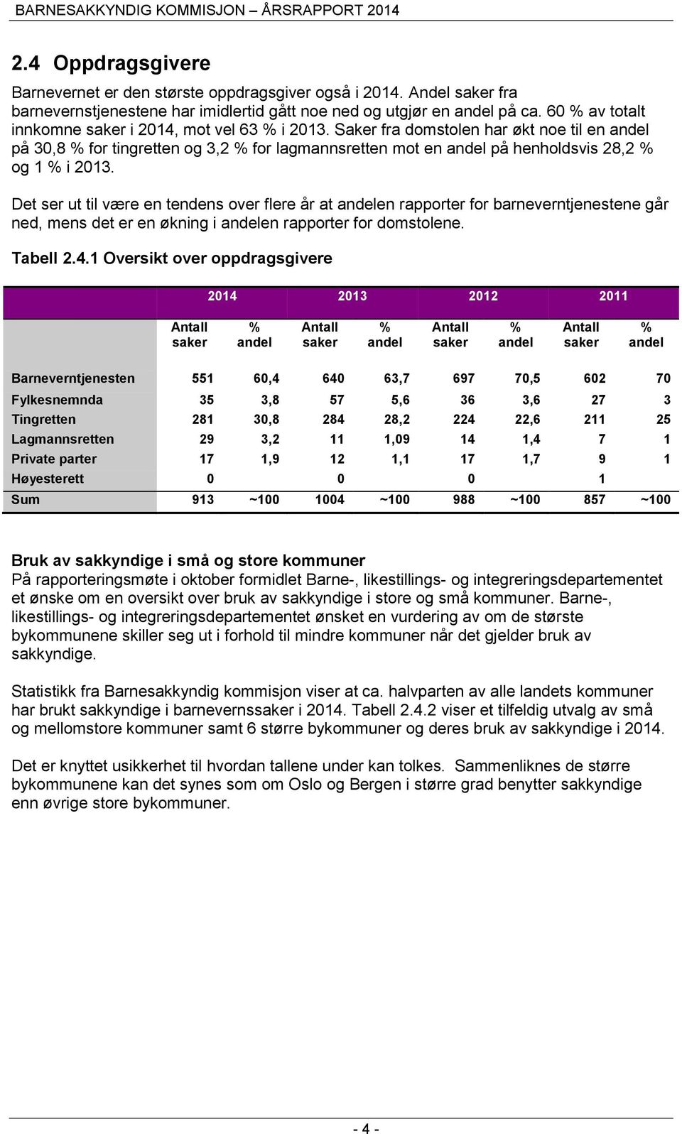 Det ser ut til være en tendens over flere år at en rapporter for barneverntjenestene går ned, mens det er en økning i en rapporter for domstolene. Tabell 2.4.